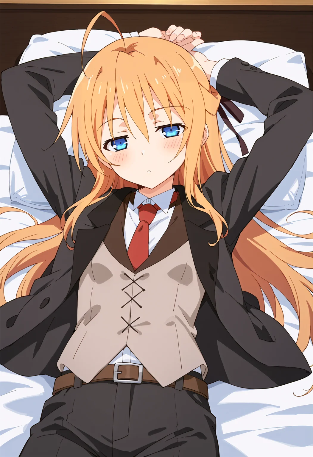 score_9, score_8_up, score_7_up, source_anime, rating_safe <lora:ksubaru_PONY-300007:0.95> ksubaru, 1girl, anime coloring, solo, long hair, hair ribbon,orange hair, blonde hair, ahoge,blue eyes, blazer, dress shirt,red necktie, vest, pants, formal, suit, belt, blush, half-closed eyes, ,arms up, lying,on back bed, looking aside, head tilt, indoors,