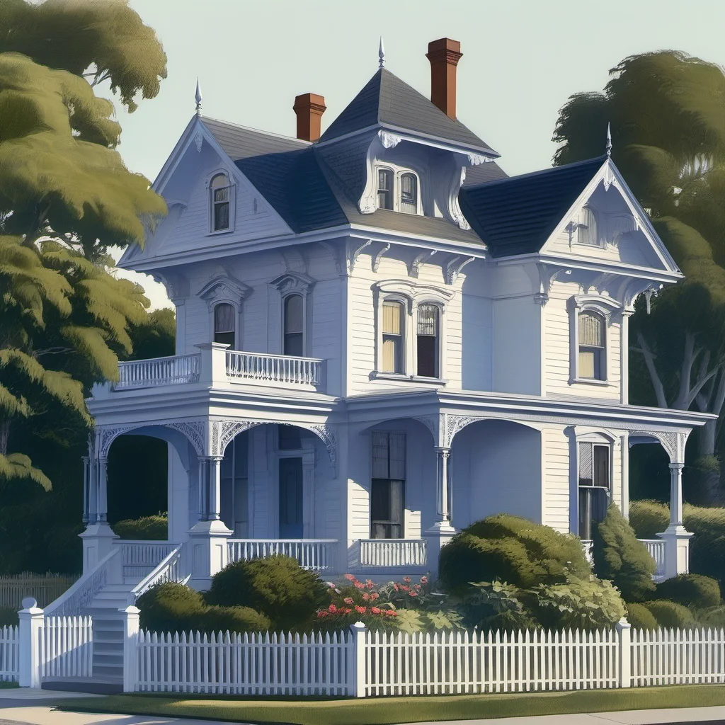 <lora:03realismPainting_Hap_XL:1>, house, white, picket fence, garden, trees, summer, sunlight, Victorian architecture, residential, blue sky, shadows, greenery, home, front yard, peaceful, suburban,