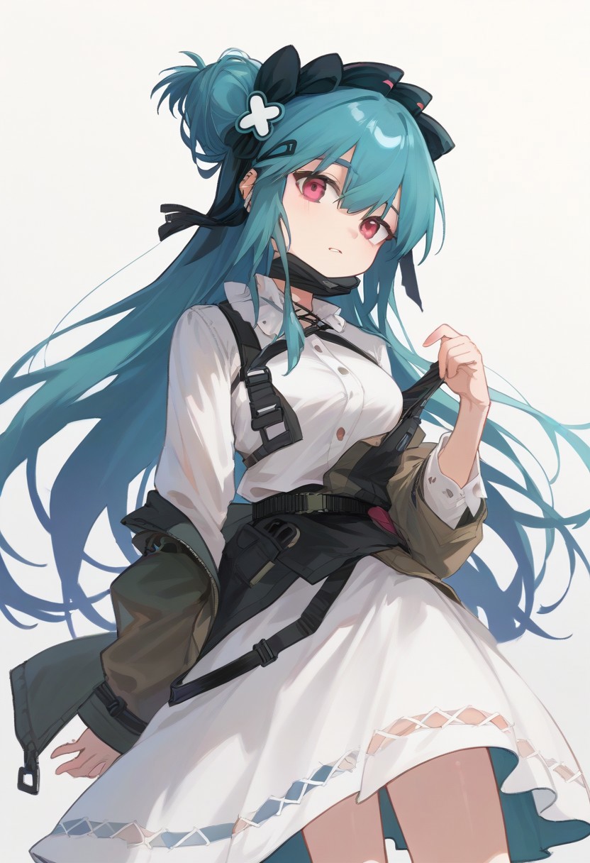 score_9, score_8_up, score_7_up, source_anime, BREAK aqua hair, white dress, hair bow, hair ornament, jacket around waist
