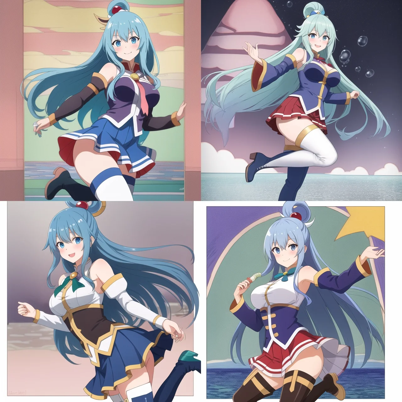 <lora:bilibin01-000016:1.1>(bilibin:1.2), by ivan bilibin, aqua \(konosuba\), (very detailed background:1.0), (highly detailed background:1.0), {Masterpiece}, High Quality, 1girl, blue eyes, blue footwear, blue hair, blue thighhighs, blush, boots, breasts, bubble, detached sleeves, hair ornament, hair rings, leg up, long hair, looking at viewer, medium breasts, open hand, single hair ring, skirt, smile, solo, standing, standing on one leg, thigh boots, thighhighs, very long hair, water, white thighhighs, kono subarashii sekai ni shukufuku wo!