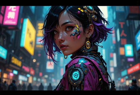 "Hardboiled" style.
"Hot multi-color short haired rebel Native-American Woman".
"Rule of Thirds" shot.
In a "nightly, Cyberpunk-Core cosplay " aesthetic.
Stares the viewer.
Subtle smile.
Strong expression.
Confident.
She is looking over her shoulders.
Outfit: "extremely Intricate outfit, several body accessories glowing of complementary colored led lights". Wide range of colors.
32k resolution.
Overall detail.
Perfect eyes.
Life-like details. Cinematic. Dramatic. Dynamic. Extremely refined lines and and shapes. Extremely refined details on objects. Sharp details. Wide range of colors. Many details everywhere. Ray-Tracing. Anti-Aliasing. Realistic soft shadows. Low saturation colors. Insane quality. Insane resolution. Insane details. Masterpiece. 32k resolution. Everything brought to the absolute extreme for a dramatic effect. Perfectly balanced composition, as desktop wallpaper, subject centered and far from the edges of the picture.
