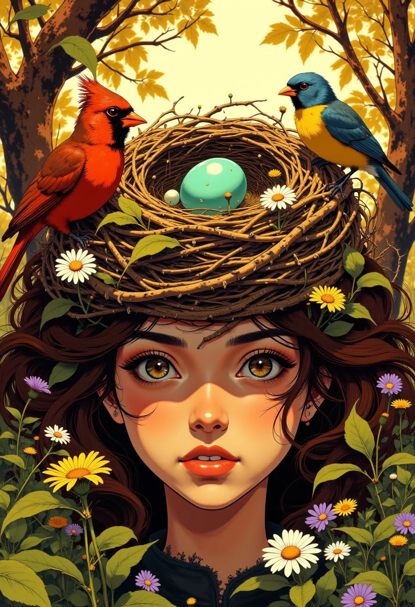 Extreme close-up portrait of a woman's head, framed from below her chin to well above her crown, with her face occupying only the bottom half of the composition. Camera angle positioned as at her forehead level. Her luxuriant chestnut-brown hair is entirely transformed into an elaborate, oversized bird nest that dominates the upper portion of the image. The nest should be at least twice the size of her face, with every strand of hair visibly woven, twisted, and sculpted to form the intricate structure. Individual hairs create the complex weaving patterns of twigs, with some strands fraying at the ends to mimic the texture of real nest materials. Small wildflowers—yellow dandelions, white daisies, and tiny purple blooms—sprout from the nest along with green leaves and tendrils that wrap around the structure. Nestled centrally in this hair-crafted nest sits a single robin's egg with a vivid turquoise-blue shell speckled with dark flecks. Two birds perch on opposite sides: a brilliant cardinal with crimson plumage, black face mask and pointed crest on the left, and a blue-headed bunting with cobalt head, vibrant yellow breast and blue wings on the right. Both birds should appear to be interacting with the nest, perhaps pulling at strands or arranging materials. The background features soft-focus forest scenery with dappled golden sunlight filtering through leaves. j_art