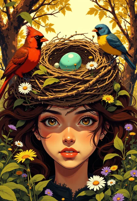Extreme close-up portrait of a woman's head, framed from below her chin to well above her crown, with her face occupying only the bottom half of the composition. Camera angle positioned as at her forehead level. Her luxuriant chestnut-brown hair is entirely transformed into an elaborate, oversized bird nest that dominates the upper portion of the image. The nest should be at least twice the size of her face, with every strand of hair visibly woven, twisted, and sculpted to form the intricate structure. Individual hairs create the complex weaving patterns of twigs, with some strands fraying at the ends to mimic the texture of real nest materials. Small wildflowers—yellow dandelions, white daisies, and tiny purple blooms—sprout from the nest along with green leaves and tendrils that wrap around the structure. Nestled centrally in this hair-crafted nest sits a single robin's egg with a vivid turquoise-blue shell speckled with dark flecks. Two birds perch on opposite sides: a brilliant cardinal with crimson plumage, black face mask and pointed crest on the left, and a blue-headed bunting with cobalt head, vibrant yellow breast and blue wings on the right. Both birds should appear to be interacting with the nest, perhaps pulling at strands or arranging materials. The background features soft-focus forest scenery with dappled golden sunlight filtering through leaves. j_art