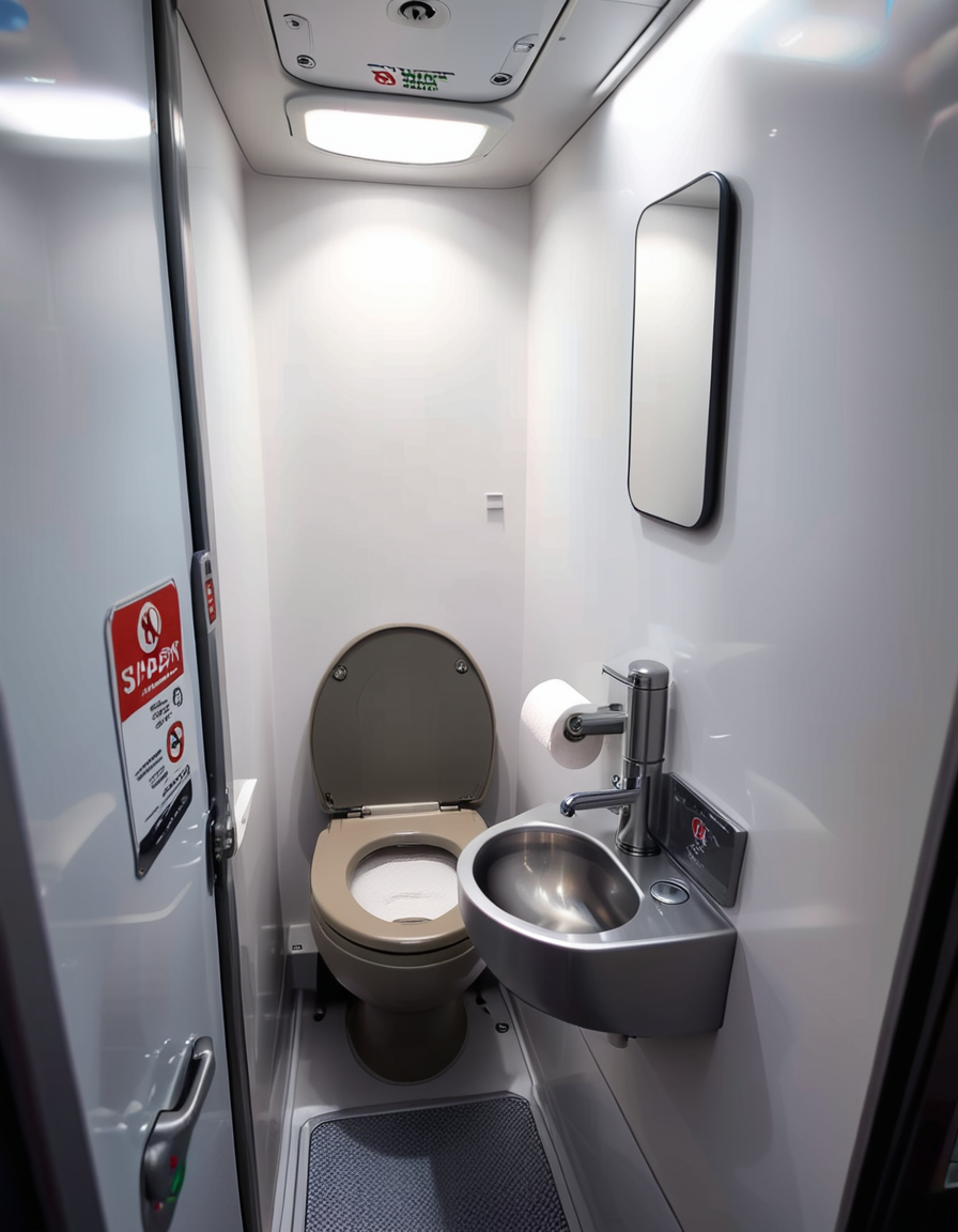 A highly detailed and realistic photograph of an airplane lavatory. The small, compact space features light gray plastic walls with subtle texture, a stainless-steel sink with a motion-sensor faucet, and a mirror reflecting the narrow interior. The toilet is sleek, with a closed lid and a small instruction sticker on top. A soft, dim overhead light illuminates the space, creating a sterile yet functional atmosphere. On the side, a dispenser for paper towels and a built-in trash compartment are visible. The door has a small lock mechanism and an 'Occupied' sign. The floor is dark, non-slip material, and there are small signs with safety instructions in multiple languages. The perspective is slightly wide-angle, capturing the entire space from a slightly tilted angle, emphasizing the compact design. 
<lora:SDXLFaeTastic2400:0.4> <lora:extremely_detailed:0.4> extremely detailed,<lora:airplane_l4v4t0ry:1>,airplane l4v4t0ry, Masterpiece,best quality,hi res,8k,hi res,8k,award winning,(sharp focus, intricate, highly detailed),