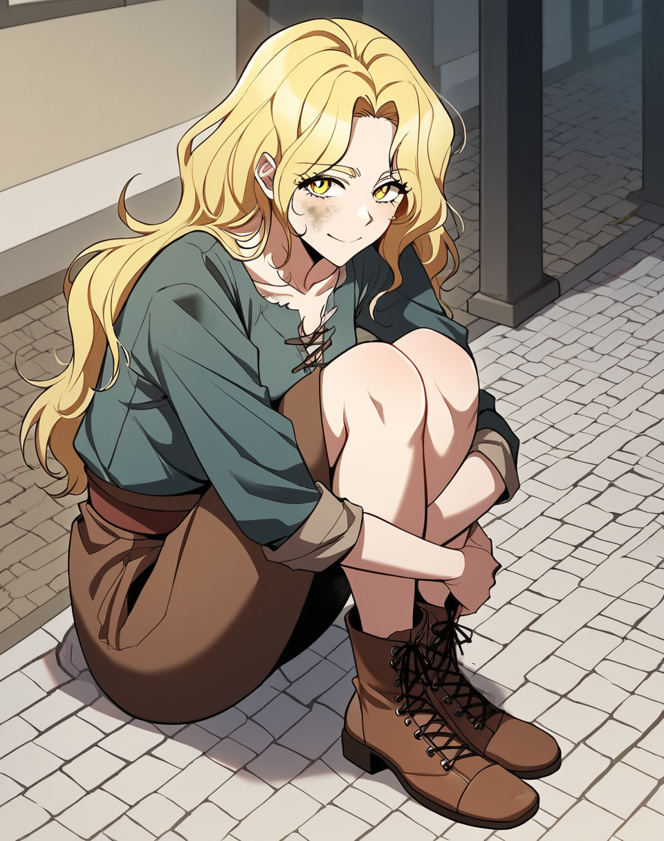 lena_princess, blonde hair, long hair, mossy hair,yellow eyes, beggar clothes, manhwa, dirt face, small breasts  BREAK  outdoors, medieval, city street, sidewalk BREAK looking at viewer, sad face, smile,alms, hugging own legs, sitted on sidewalk, BREAK score_9, score_8_up, score_7_up, source_anime ,zPDXL, perfect hand,, solo, <lora:Lena:0.8>, petite body