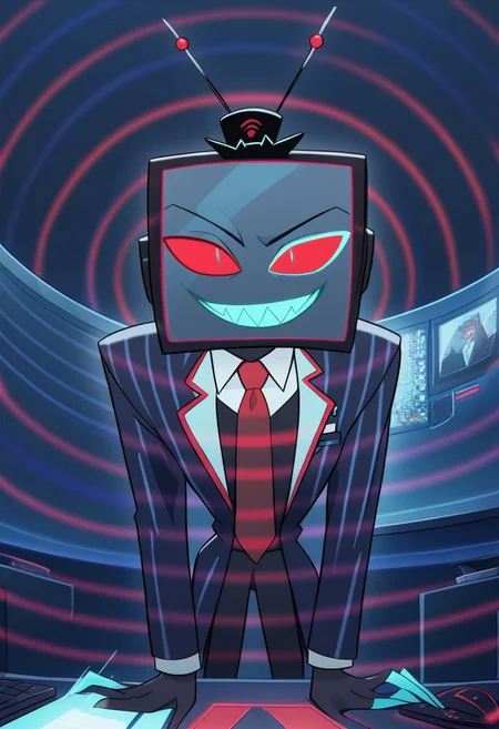 score_9, score_8_up, score_7_up,
masterpiece, best quality, detailed, amazing quality,
detailed background, office,
detailed eyes, clean eyes,
dynamic pose, sitting on desk, leaning forward,
static screens, spiral screens,
1man,
Vox, TV head, television head, rectangular Head Cyan screen, cyan screen, red sclera, blue pupils, blue teeth, tophat, TV antennas, red and black striped shirt, dark blue coat, red tie, black skin, smirk,
(hypno wave)++,
easynegative