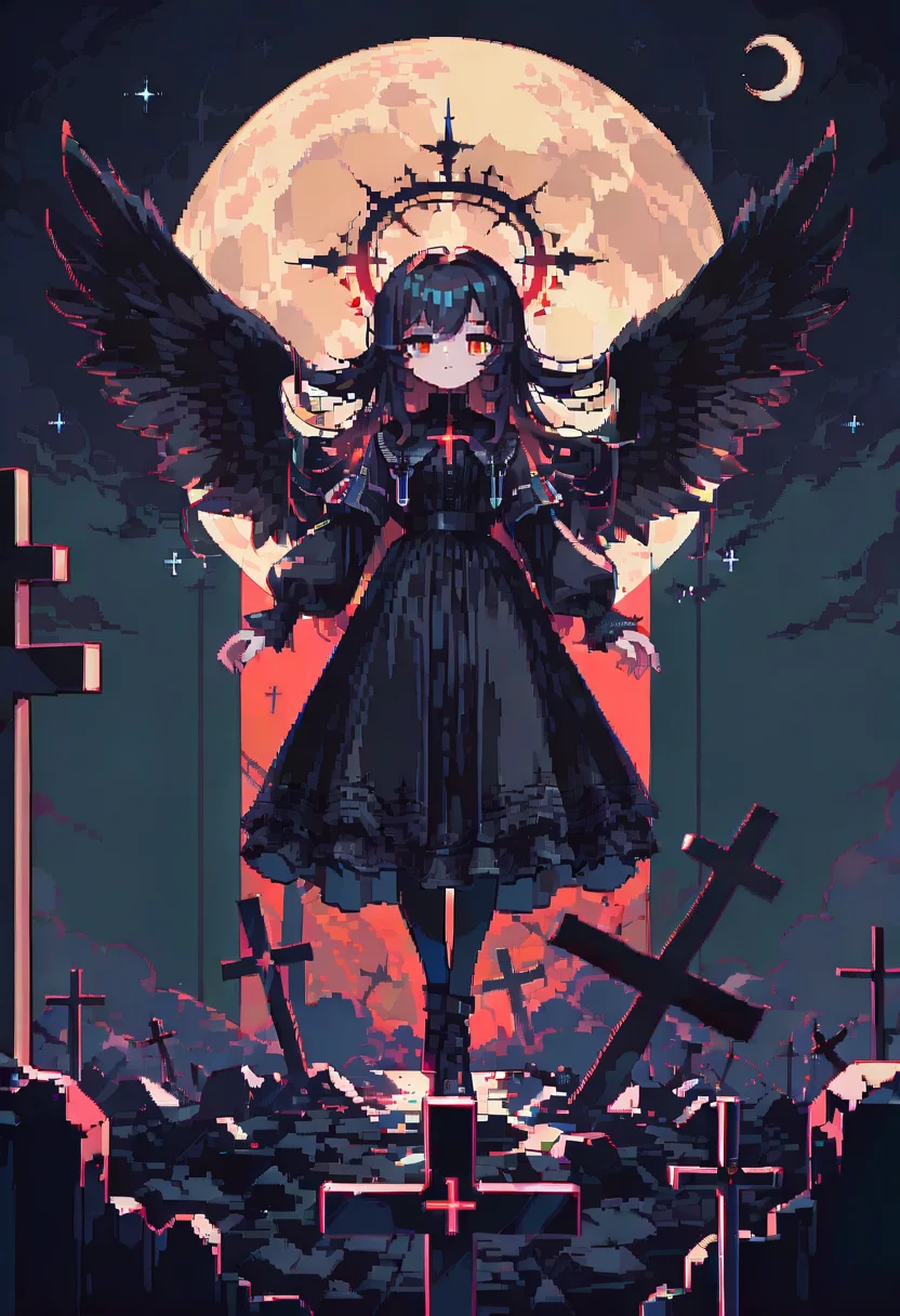 dpa,pixel art, 1girl, solo, halo, long hair, red eyes, wings, cross, dress, black hair, moon, black dress, black wings, looking at viewer, long sleeves