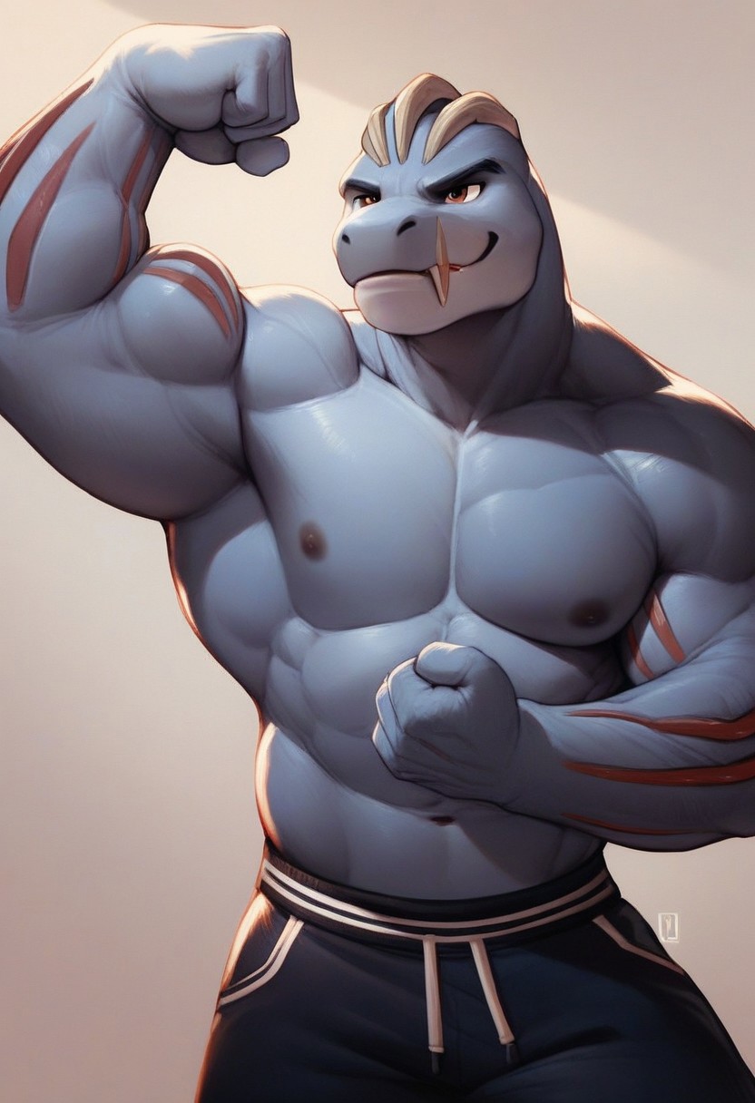 score_9, score_8_up, score_7_up, score_6_up, score_5_up, score_4_up, anthro, machoke, flexing, solo