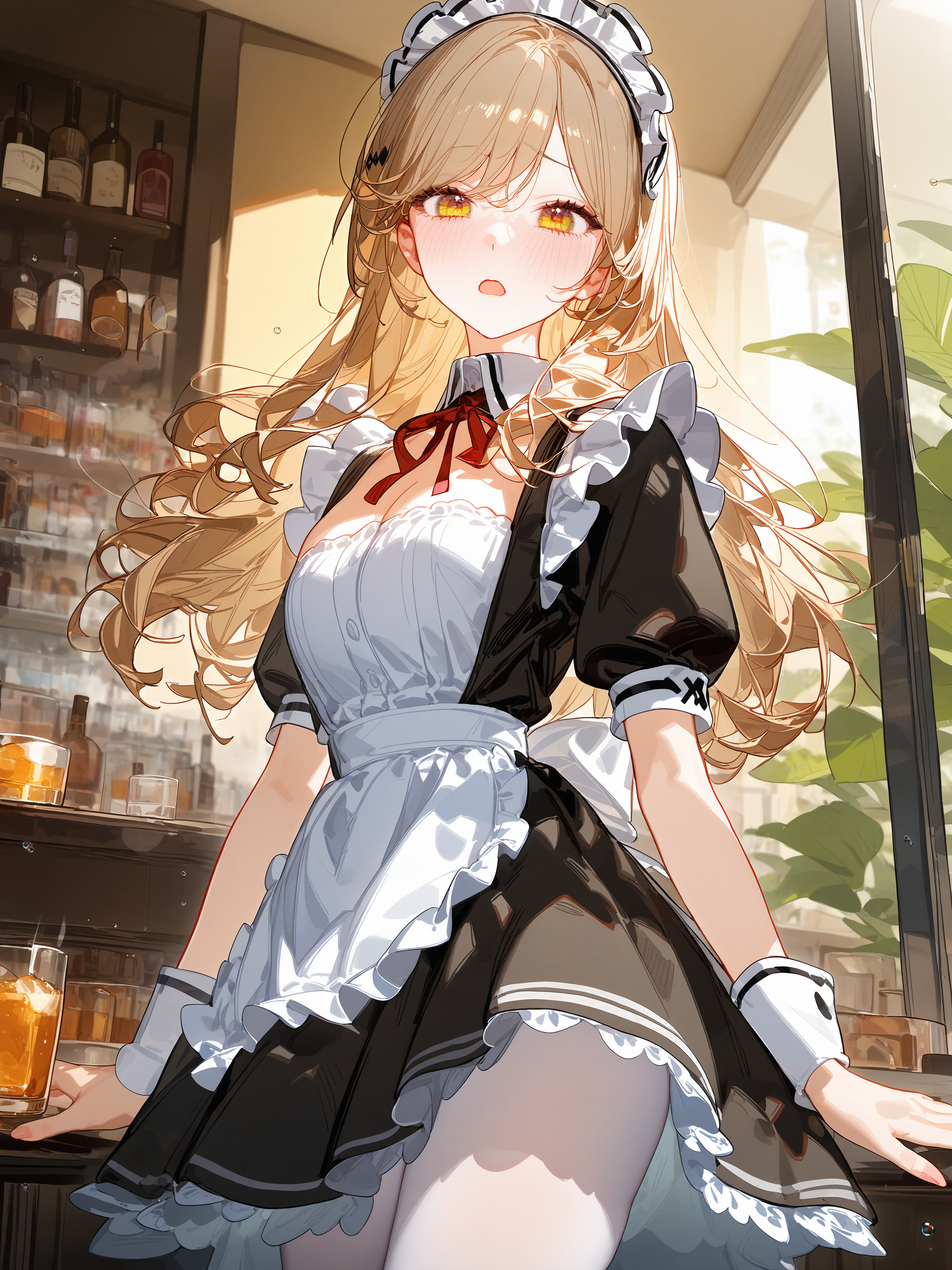 1girl, sena ajisai, solo, maid, maid headdress, maid apron, embarrassed, white pantyhose, open mouth, blush, parted lips, looking at viewer, cowboy shot, bar \(place\), indoors, depth of field <lora:Char-Sena_Ajisai-V1-SDXL:0.9>, illustration, incredibly absurdres, ultra detailed, masterpiece, best quality, perfect features, intricate details, ray tracing, very aesthetic, (hitenkei, askzy:0.4), [<lora:XL-detailed_notrigger:0.95>::0.5], [:<lora:XL-aesthetic_anime:1.2>:0.5]