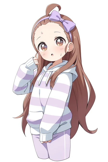 masterpiece, best quality, amazing quality,
 <lora:Haru_IL:1> haru, 1girl, solo, long hair, white background, brown eyes, simple background, forehead, hairband, striped, sleeves past wrists, hood, bow, cropped legs, pants, brown hair, purple bow, long sleeves, very long hair, looking at viewer, hair bow, ahoge, hand up, sweat, blush, :o