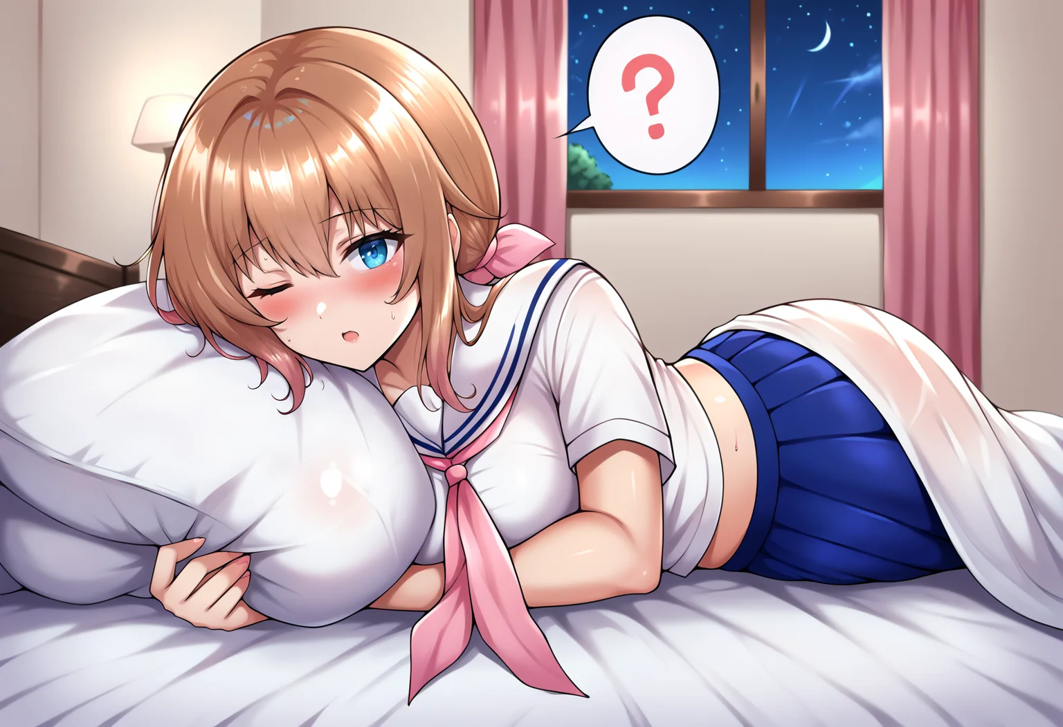 score_9, score_8_up, score_7_up, score_6_up, score_5_up, score_4_up, source_anime, <lora:intricate_details:1> intricate_details_xl
<lora:Magical_Girl_Celesphonia_v1:0.8> Amane, 1girl, solo, skirt, school uniform, pleated skirt, pink neckerchief, blue skirt, neckerchief, brown hair, breasts, blue eyes, short sleeves, sailor collar, blush, serafuku, shirt, white shirt, ribbon, hair ribbon, large breasts, white sailor collar, pink ribbon, hair between eyes, long hair, (home, bedroom, bed sheet:1.1), scenery, wallclock, desk, night, window, spoken question mark, pink question mark, bold, cute, under covers, one eye closed, looking at viewer, on side
