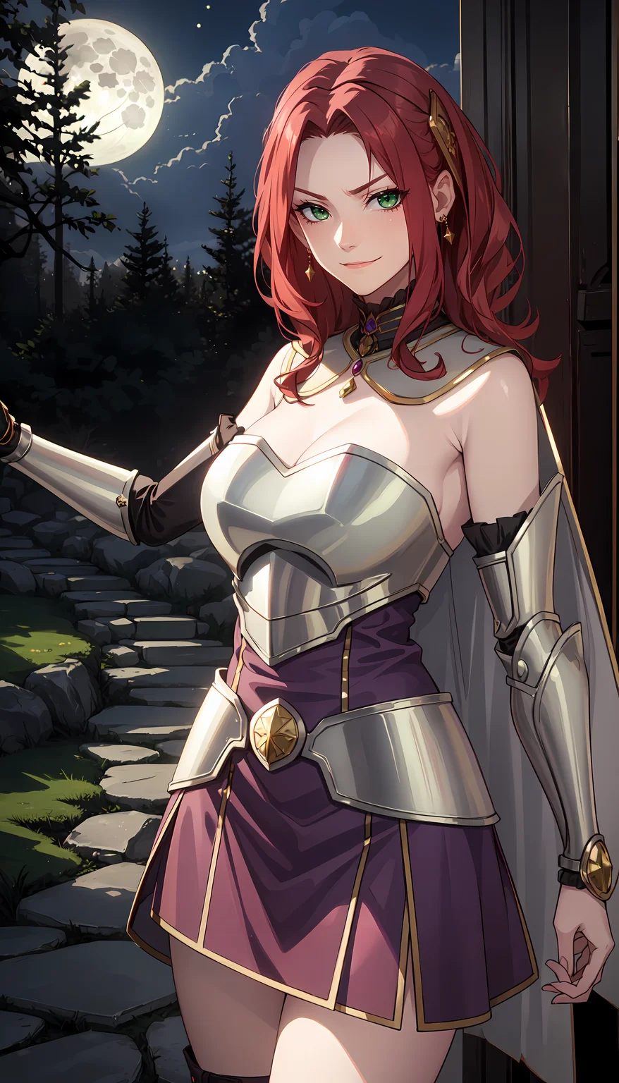photorealistic, (4k), depth of field, (Masterpiece), (realistic skin texture), extremely detailed, intricate, hyper detailed, professional photography, bokeh, high resolution, sharp detail, best quality, girl, red hair, green eyes, armor, breastplate, detached sleeves, white cape, long skirt, (purple skirt:1.3), black leather belt, arm guards, hair ornament, <lora:GoodHands-beta2:0.8> , <lora:detail_slider_v4:0.8> , dynamic pose, twisted torso, evil smirk, <lora:Malty Melromarc-000004:0.7> , (forest path:1.3), cobblestone road, large trees, night, dark, (moonlight:1.5), dark clouds,