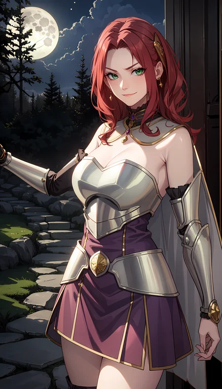 photorealistic, (4k), depth of field, (Masterpiece), (realistic skin texture), extremely detailed, intricate, hyper detailed, professional photography, bokeh, high resolution, sharp detail, best quality, girl, red hair, green eyes, armor, breastplate, detached sleeves, white cape, long skirt, (purple skirt:1.3), black leather belt, arm guards, hair ornament, <lora:GoodHands-beta2:0.8> , <lora:detail_slider_v4:0.8> , dynamic pose, twisted torso, evil smirk, <lora:Malty Melromarc-000004:0.7> , (forest path:1.3), cobblestone road, large trees, night, dark, (moonlight:1.5), dark clouds,