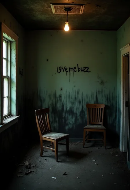 interior of an abandoned house, black mold, broken chairs, scattered mess, eerie vibes, haunted house, one light bulb, on the wall it is written "give me buzzzz"