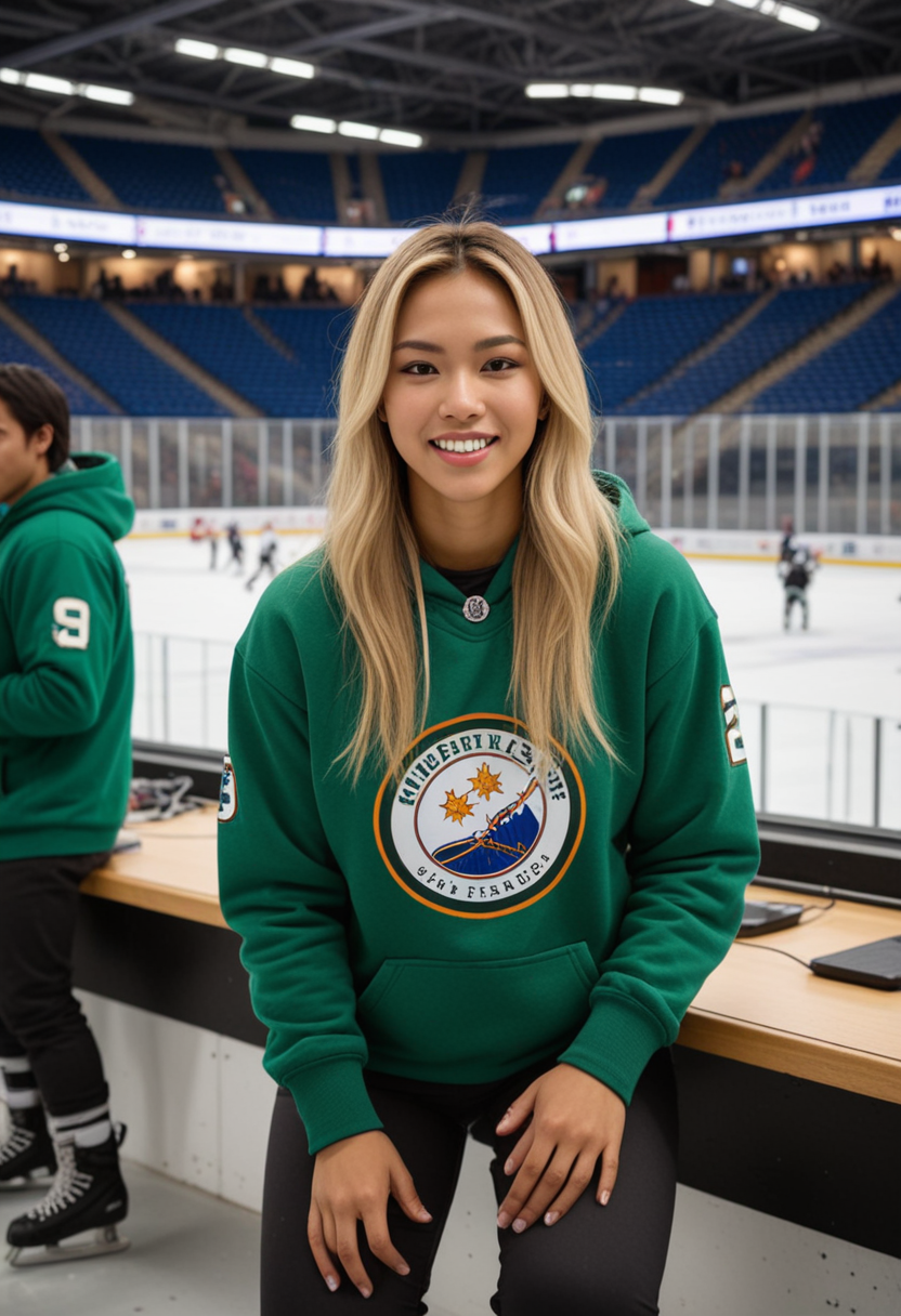 (medium full shot) of man, (imposing hockey player) young woman, philippine, tan skin, hazel eyes, normal build, extra long blonde straight down hair,  wearing a green hoodie,  comfortable pants, ice skates, shoulder pads, set in  Arena, Press Box, equipped with desks and chairs, overlooking the rink, complete with broadcasting equipment, windows providing a clear view of the action, monitors displaying game stats, at sunset, woman laughing, squatting, Masterpiece,best quality, photo, realistic, very aesthetic, detailed face,