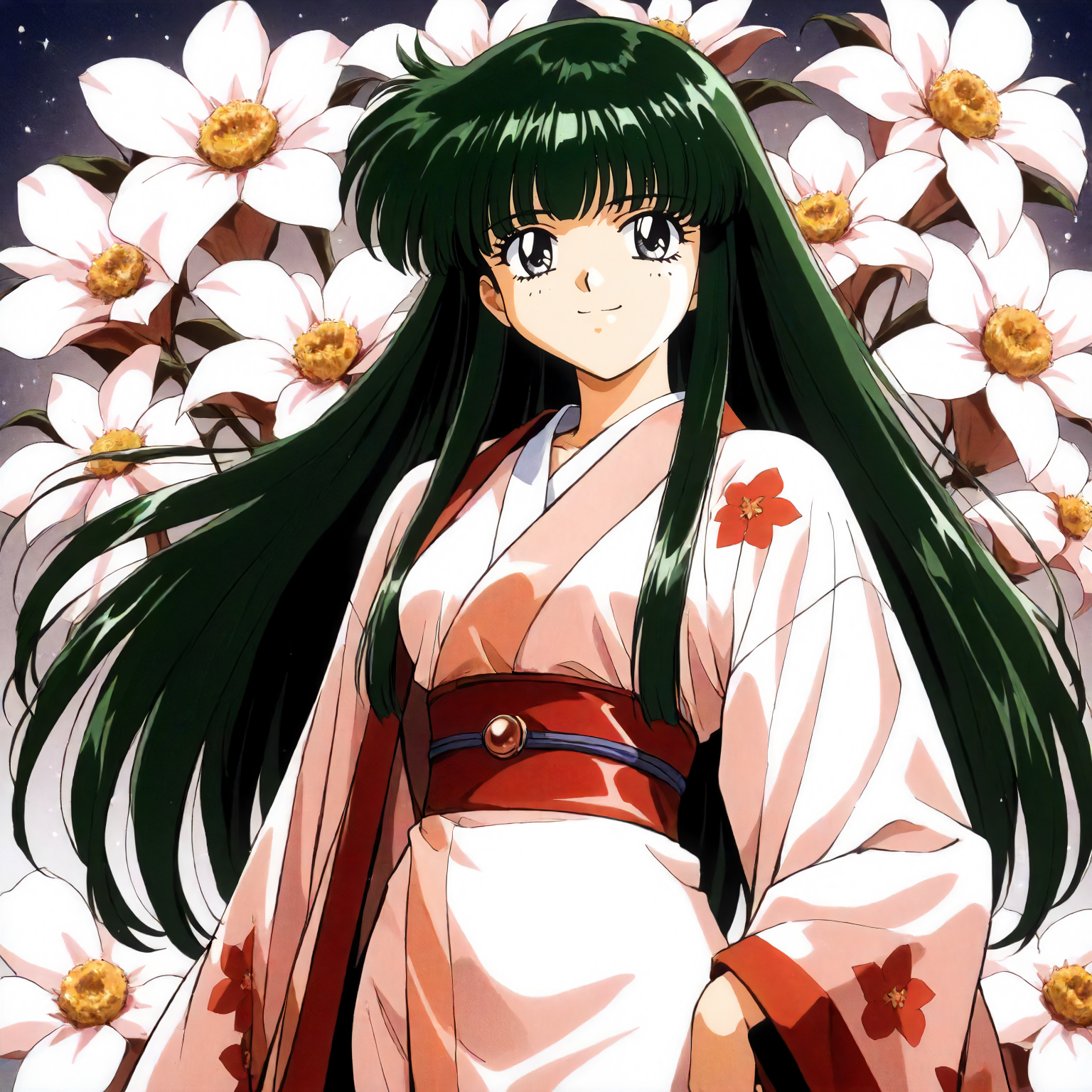 <lora:RC_masou_shizukaXLanimagine001:0.8>,
masterpiece,high score,great score,absurdres,
flower background,glitter,
smile,
looking at viewer,
solo,
anime coloring,retro artstyle,1990s (style),
masou_shizuka\(rance_series\),1girl,green hair,long hair,black grey eyes,
cowboy shot,standing,
print_kimono,