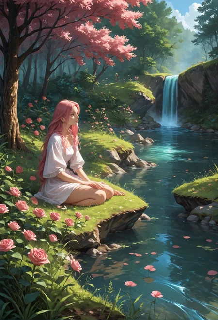 score_9,score_8_up,score_7_up,embedding:zPDXL2, masterpiece,best quality,highly detailed,detailed background, film grain,colorful,glowing,hand person,Expressiveh, , flower, outdoors, day, water, tree, no humans, rose, sunlight, grass, nature, scenery, pink flower, forest, rock, bush, pink rose, river, pond, f33f4l, 1girl, long hair, water,<lora:增强\(增强)sdxl_lightning_8step_lora.safetensors:1.0:1.0> <lora:增强\(增强)Expressive_H-000001.safetensors:0.8:0.8> <lora:增强\(增强)Hands XL 4.safetensors:1.0:1.0> <lora:增强\glowneon_xl_v1.safetensors:1.0:1.0>