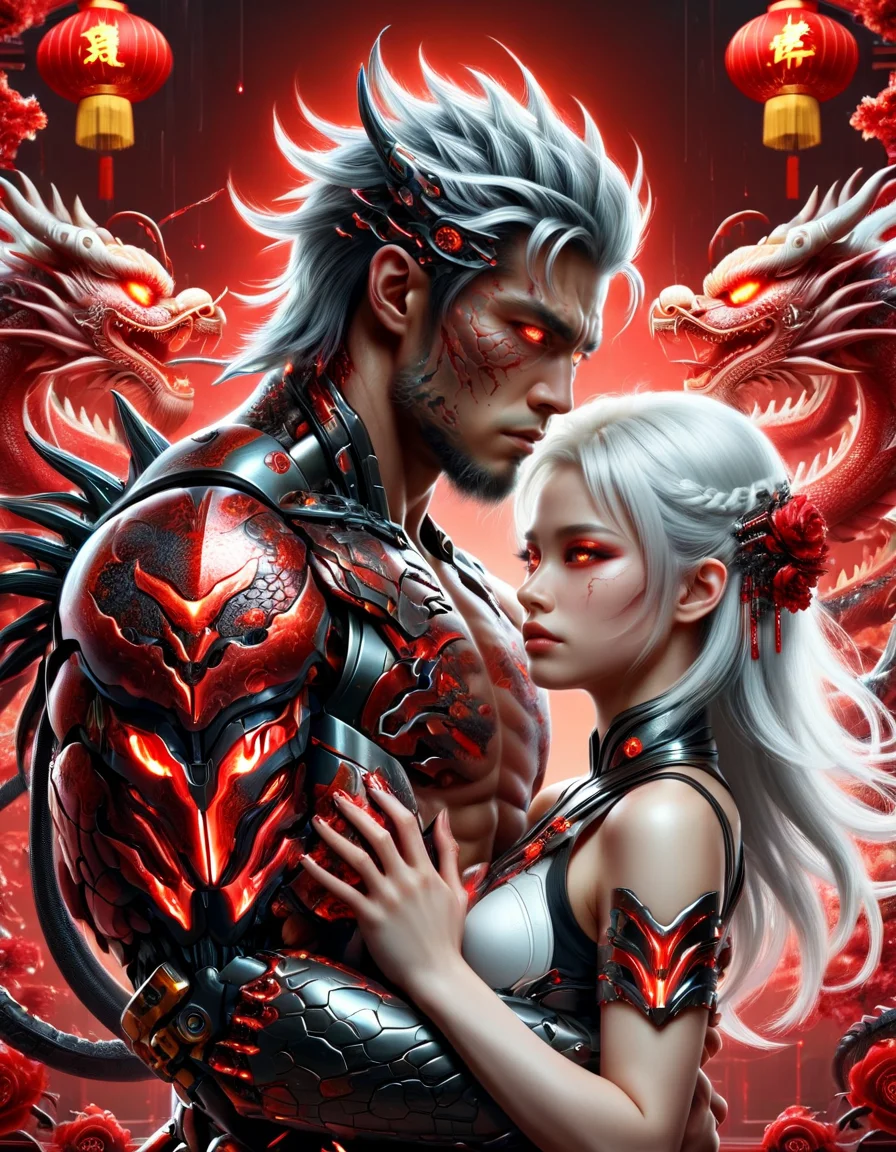 (masterpiece:1.1), (best quality:1.1), (intricate:1.1), (detailed:1.1), (ornate:1.1), (aesthetic:1.1), BREAK, (science fiction:1.1), (cyberpunk:1.0), (tragic:1.1), (red theme:1.0),(glowing:1.1), (metallic:1.0), BREAK, (upper body:1.0), (1boy + 1girl:1.1), (a muscled male demon with black hair embracing a innocent looking girl with white hair:1.1), (cyborg:1.1), (mechanical parts:1.1), (pain and pleasure:1.1), (covered in blood:1.1), made of ral-lnrnwyr <lora:ral-lnrnwyr-sdxl:1>