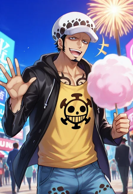 masterpiece, best quality, , (photorealistic:0.6), , 1boy, solo, male focus, <lora:law_trafalgar_ilxl:0.9>, law_trafalgar, black hair, black eyes, short hair, facial hair, sideburns, long sideburns, goatee, , hat, , wano country arc, , urban carnival, flashing rides, cotton candy stalls, lively crowds, laughing pose, joyful expression, vibrant energy,