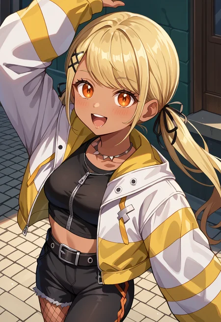 score_9, score_8_up, source_anime, 1girl, solo, QpiDefault, orange eyes, dark skin, blonde hair, long hair, swept bangs, low twintails, x hair ornament, black hair ribbon, necklace, crop top, black shirt, zipper, two-tone jacket, white jacket, yellow jacket, black belt, black pants, single pantsleg, single leg pantyhose, fishnet pantyhose, torn pants, happy, blush, arm up, from above, open mouth, street, outdoors, wide shot, <lora:ChamKaminariQpiPonyXL:1>