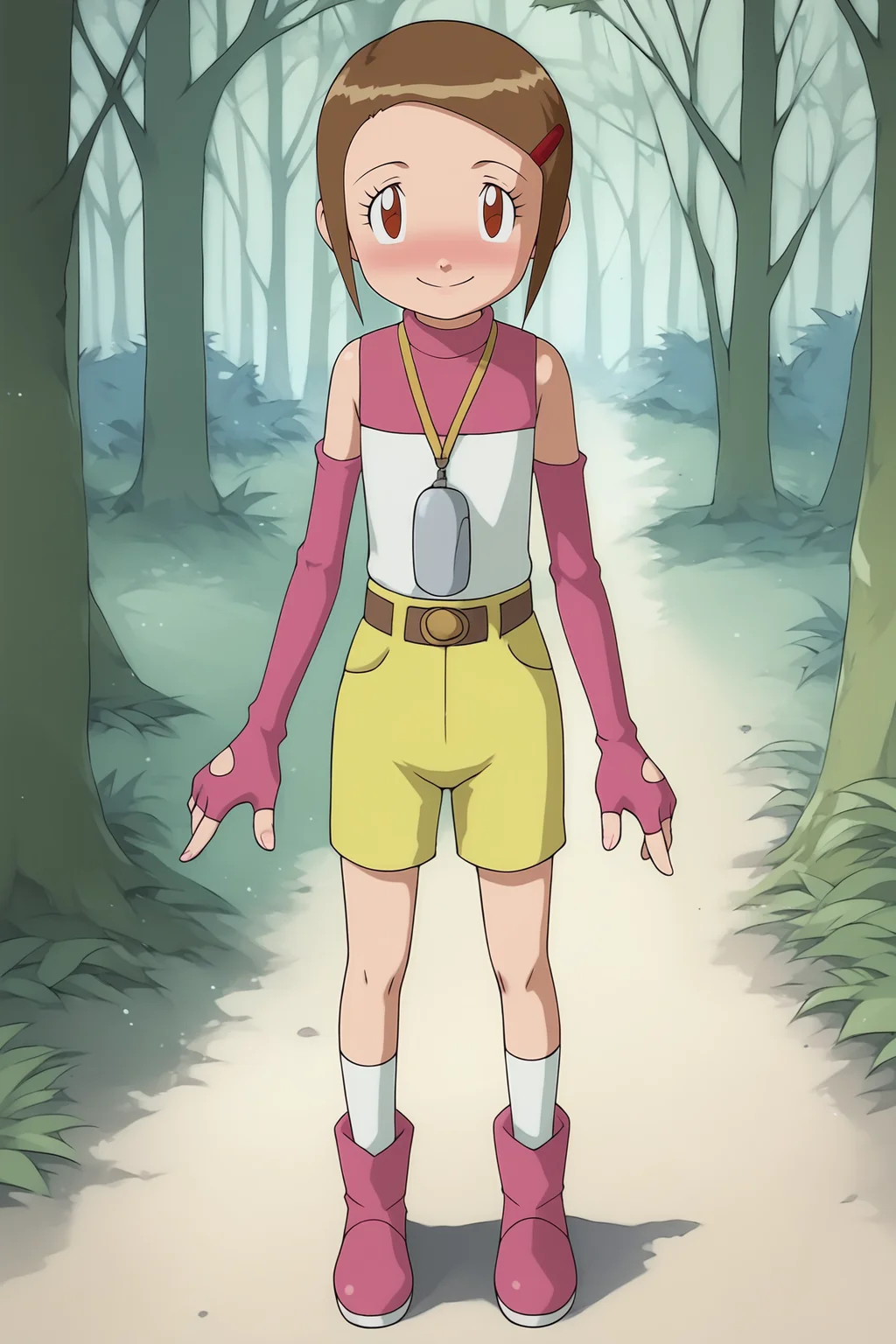 score_9, score_8_up, score_7_up, score_6_up, BREAK, KariDA2PXL, brown eyes, brown hair, short hair, red hairclip, flat chest, yellow necklace, pink shirt, detached sleeves, pink elbow gloves, fingerless gloves, belt, yellow shorts, short shorts, white socks, pink boots, solo, full body, standing, seductive smile, looking at viewer, naughty face, nose blush, forest, tree <lora:KariDA2PXL:1>