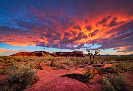 Majestic jagged rocky mountains, red mesas, wind eroded colorful rock formations, beautiful evening sunset, (petrified forest national park:1.25), arizona, <lora:Earth35:0.4>