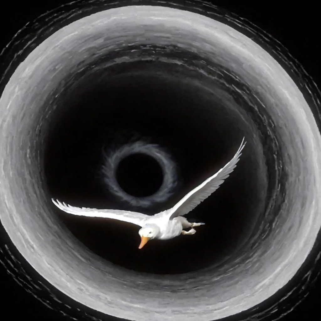 swan flying trough black hole, artistic, vhslora