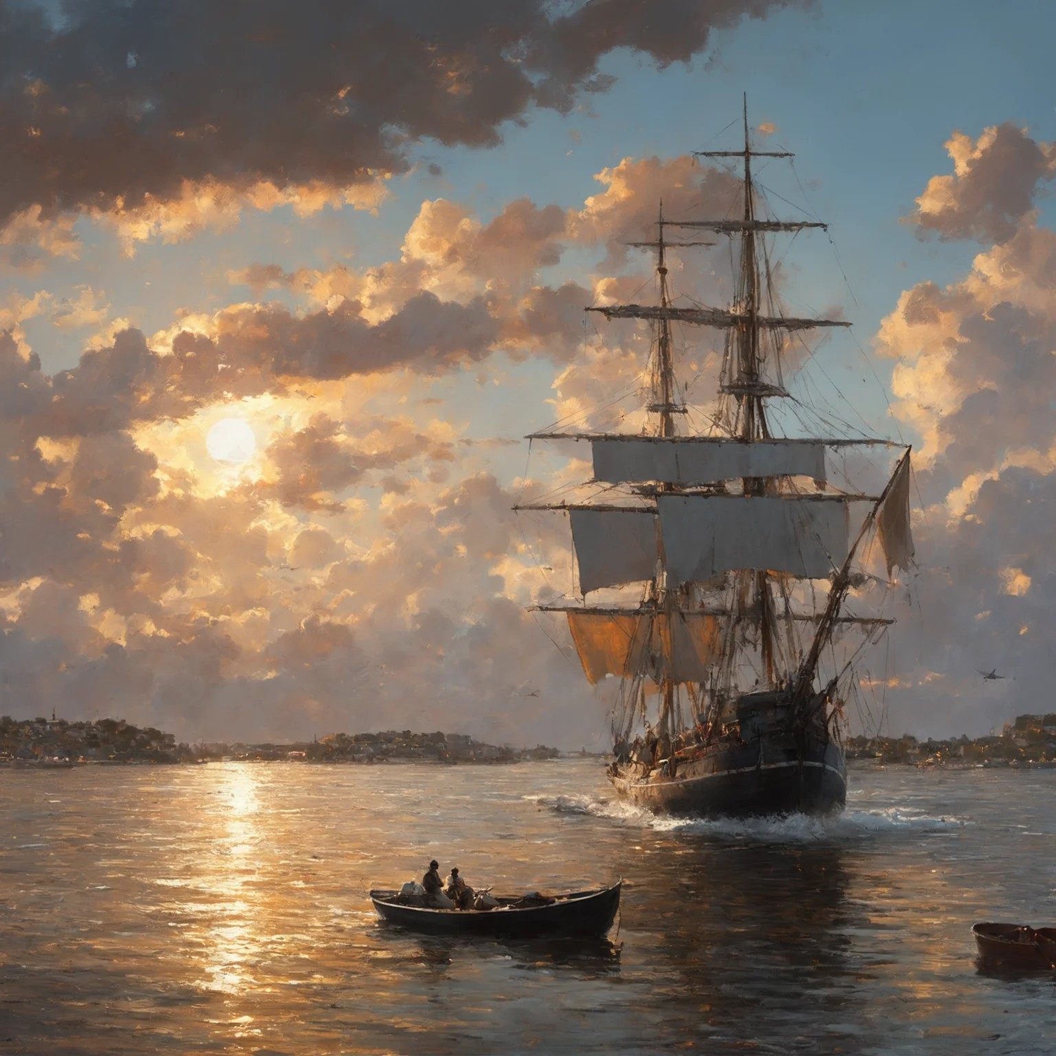 masterpiece, best quality, greg rutkowski,
no humans, scenery, watercraft, cloud, sky, ship, outdoors, water, sun, cloudy sky, sunset, ocean, boat, building
, very detailed, high resolution, sharp, sharp image, 4k, 8k,
