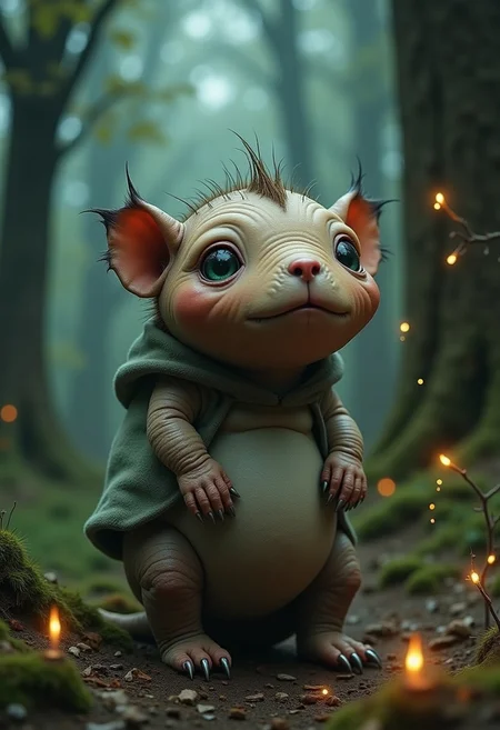 weird chubby skinless animal with creature in magical forest with fireflies, otherworldly