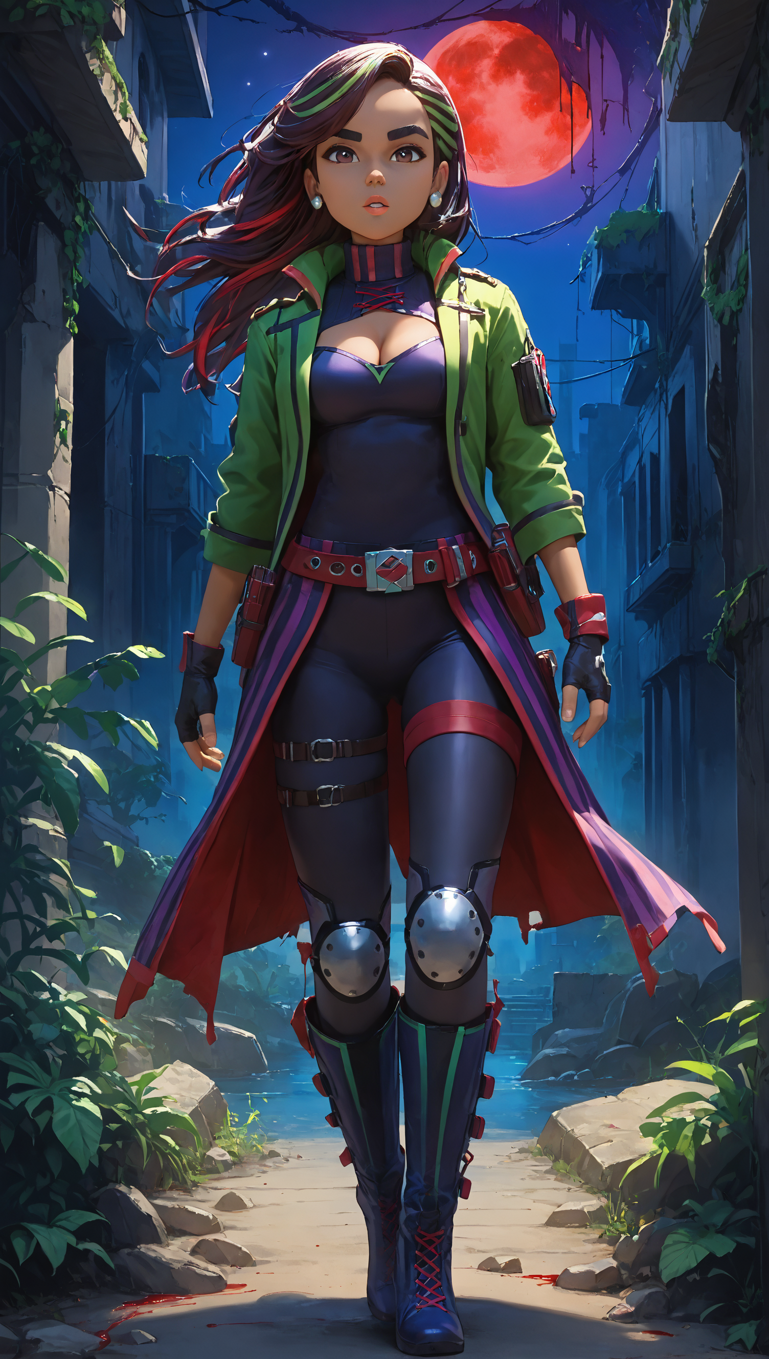 score_9, score_8_up, score_7_up, score_6_up, score_5_up, score_4_up, Expressiveh, laDash, source_anime, black hair, long hair, dark-skinned female, dark skin, silver earrings, brown eyes, black boots, purple/green striped boots, textured leggings, black/green coat, purple striped coat, multicolored hair, black/green hair extensions, thick eyebrows, BREAK, 1girl, solo, breasts, looking at viewer, shirt, gloves, cleavage, jewelry, medium breasts, standing, full body, earrings, boots, outdoors, parted lips, open clothes, night, black gloves, belt, leggings, fingerless gloves, turtleneck, lips, coat, black shirt, thigh strap, black leggings, knee boots, plant, cross-laced footwear, walking, holster, knee pads, BREAK, foggy background, Futuristic Ruins, Overgrown City, Nature Reclaims, (full moon, big moon, red moon:1.5), 