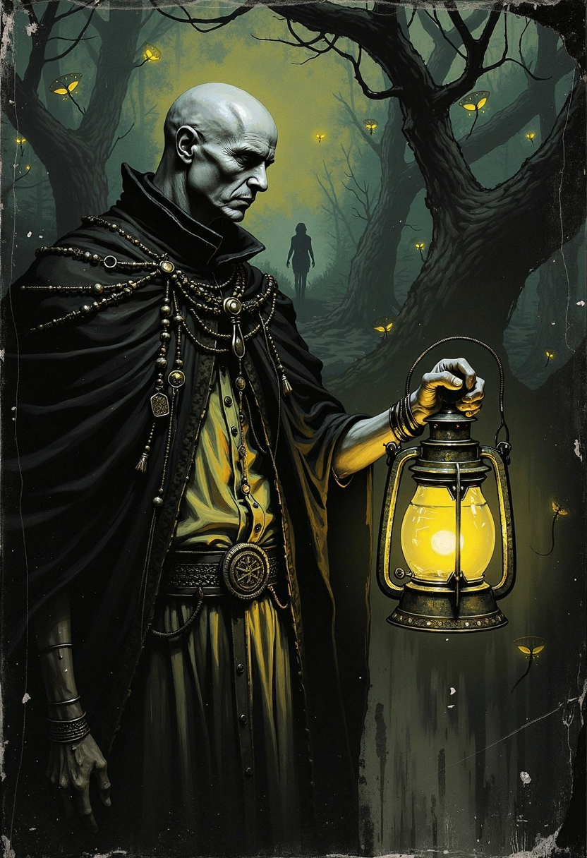 A dark gothic fantasy scene, hyperdetailed and surreal, with bold, expressive brushstrokes and dramatic abstract elements. A pale-skinned figure in tattered, ornate robes holds an ancient, ornate lantern that emits a faint, eerie glow of pale yellow and cadmium yellow hues. The lantern's light illuminates a hidden, unseen world, revealing twisted, otherworldly trees with glowing bioluminescent fungi and shadowy, ethereal figures lurking just beyond the light's reach. The atmosphere is heavy with foreboding and dread, the air thick with an unspoken horror. The character's face is illuminated by the lantern, their expression a mix of awe and terror as they gaze into the unknown. The background is a swirling mix of dark, muted colors and sharp, contrasting shadows, with bold, dynamic brushstrokes that give the piece a sense of movement and energy. The overall style blends traditional gothic horror with abstract expressionism, creating a hauntingly beautiful and deeply unsettling image., Nistyle, GTHAN, Gothic, wetplatecollodion, border, swirls, washed out, textured, smears, scratches, folds,,dark gothic fantasy horror dramatic abstract art style bold expressive brushstrokes character holding lantern illuminates hidden world unseen by naked eye character portrait hyperdetailed pale yellow orange cadmium yellow ancient ornate lantern eerie glow twisted otherworldly trees glowing bioluminescent fungi shadowy ethereal figures heavy atmosphere foreboding dread unspoken horror awe terror expression swirling dark muted colors sharp contrasting shadows bold dynamic brushstrokes traditional gothic horror abstract expressionism hauntingly beautiful deeply unsettling surreal hyperdetailed, Nistyle, GTHAN, Gothic, wetplatecollodion, border, swirls, washed out, textured, smears, scratches, folds,,<lora:test2-000013-nistyle:0.367> Nistyle,<lora:GTHAN-F:0.768> GTHAN, Gothic,<lora:WetPlateCollodionFlux_v1_byTigonTX:0.672> wetplatecollodion, border, swirls, washed out, textured, smears, scratches, folds