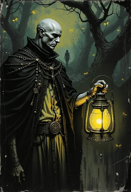 A dark gothic fantasy scene, hyperdetailed and surreal, with bold, expressive brushstrokes and dramatic abstract elements. A pale-skinned figure in tattered, ornate robes holds an ancient, ornate lantern that emits a faint, eerie glow of pale yellow and cadmium yellow hues. The lantern's light illuminates a hidden, unseen world, revealing twisted, otherworldly trees with glowing bioluminescent fungi and shadowy, ethereal figures lurking just beyond the light's reach. The atmosphere is heavy with foreboding and dread, the air thick with an unspoken horror. The character's face is illuminated by the lantern, their expression a mix of awe and terror as they gaze into the unknown. The background is a swirling mix of dark, muted colors and sharp, contrasting shadows, with bold, dynamic brushstrokes that give the piece a sense of movement and energy. The overall style blends traditional gothic horror with abstract expressionism, creating a hauntingly beautiful and deeply unsettling image., Nistyle, GTHAN, Gothic, wetplatecollodion, border, swirls, washed out, textured, smears, scratches, folds,,dark gothic fantasy horror dramatic abstract art style bold expressive brushstrokes character holding lantern illuminates hidden world unseen by naked eye character portrait hyperdetailed pale yellow orange cadmium yellow ancient ornate lantern eerie glow twisted otherworldly trees glowing bioluminescent fungi shadowy ethereal figures heavy atmosphere foreboding dread unspoken horror awe terror expression swirling dark muted colors sharp contrasting shadows bold dynamic brushstrokes traditional gothic horror abstract expressionism hauntingly beautiful deeply unsettling surreal hyperdetailed, Nistyle, GTHAN, Gothic, wetplatecollodion, border, swirls, washed out, textured, smears, scratches, folds,,<lora:test2-000013-nistyle:0.367> Nistyle,<lora:GTHAN-F:0.768> GTHAN, Gothic,<lora:WetPlateCollodionFlux_v1_byTigonTX:0.672> wetplatecollodion, border, swirls, washed out, textured, smears, scratches, folds