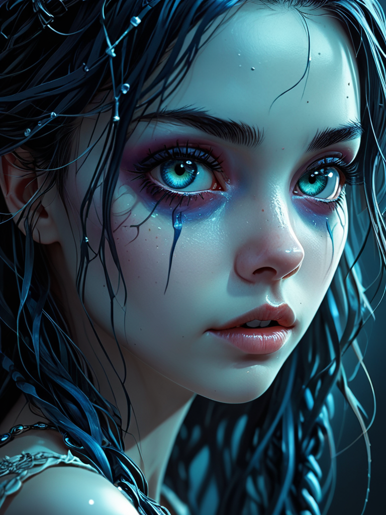 manga style, close-up of a girl's hyper-detailed face, forced angle, cyberpunk style, (Mindful Machine Art style, Anna Dittmann, Tim Burton, Corpse Bride),  hyper-detailed cat eyes, bright colors, shine, reflections, very contrast high, side lighting, dark light, black hair long dreadlocks, piercing, blue tones, gloomy atmosphere, shadows on the face, background with neon structures, hyper-realistic, 3D rendering, 4K