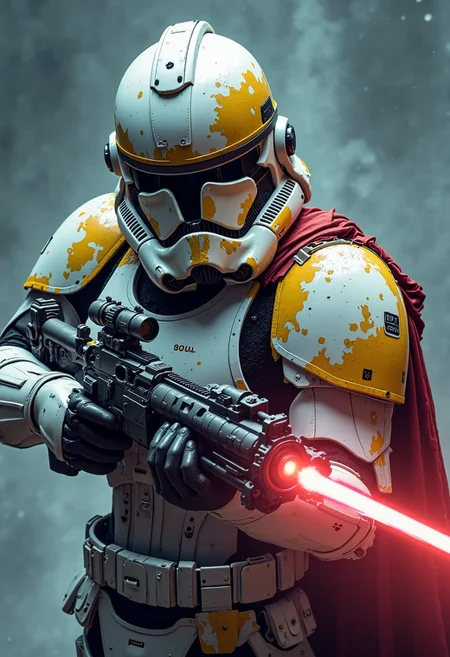 CloseUp, Upper Body Shot, Retro anime Pop art FredFraiStyle inspired Stromtrooper with laser rifle Standing Battle ready with powerful weapon, vibrant pastel colored in Grey, White and DARK yellow, Highly detailed anime-style close-up action scene of a knight in intricately patterned armor. The focus is on the Troopers rifle, showcasing the reddish blur of light that trails with the swift motion of the weapon, capturing the dynamic speed of the fighter. The scene is set in a misty, fog-filled night with a desaturated color palette. The background is hazy, while motion streaks and dynamic lighting enhance the sense of speed and intensity, with the knight’s glow piercing through the mist.