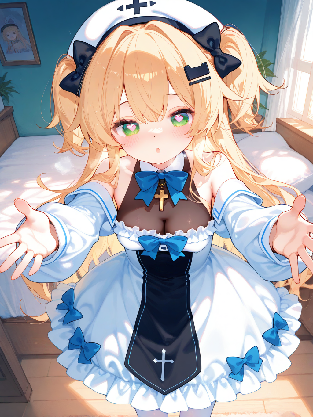 indoors,in_heat,bedroom,
1girl,solo,long_hair,heart-shaped_pupils,:o,blush,blonde_hair,long_sleeves,hair_ornament,dress,hat,bow,hair_between_eyes,heavy_breathing,black bodystocking,cleavage,bare_shoulders,reaching,reaching_towards_viewer,very_long_hair,twintails,standing,green_eyes,white_pantyhose,pantyhose,medium_breasts,frills,bowtie,white_dress,off_shoulder,two_side_up,feet_out_of_frame,cosplay,black_bow,detached_collar,white_headwear,blue_bow,frilled_dress,cross,blue_bowtie,two-tone_dress,covered_collarbone,spread_fingers,
<lora:QAQ3-13.safetensors:1:1>,(artist:kedama_milk:0.85),(henreader:0.75),(donedone:0.8),(tianliang_duohe_fangdongye:0.75),(ciloranko:0.9),(chen_bin:0.85),(ask_\(askzy\):0.8),(reel_\(riru\):0.85),(parsley-f:0.85),(shuri_\(84k\):0.8),(uekura_eku:0.8),(noyu_\(noyu23386566\):0.8),(yumenouchi_chiharu:0.9),(hyou_\(pixiv3677917\):0.9),(eumi_114:0.8),(chon_\(chon33v\):0.8),(maccha_\(mochancc\):0.9),(fuzichoco:0.9),,masterpiece,best quality,newest,absurdres,highres,detailed eyes,beautiful,detailed background,perfect eyes,