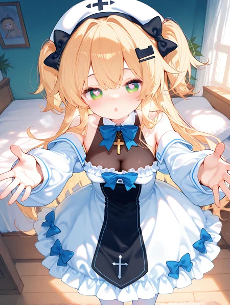 indoors,in_heat,bedroom,
1girl,solo,long_hair,heart-shaped_pupils,:o,blush,blonde_hair,long_sleeves,hair_ornament,dress,hat,bow,hair_between_eyes,heavy_breathing,black bodystocking,cleavage,bare_shoulders,reaching,reaching_towards_viewer,very_long_hair,twintails,standing,green_eyes,white_pantyhose,pantyhose,medium_breasts,frills,bowtie,white_dress,off_shoulder,two_side_up,feet_out_of_frame,cosplay,black_bow,detached_collar,white_headwear,blue_bow,frilled_dress,cross,blue_bowtie,two-tone_dress,covered_collarbone,spread_fingers,
<lora:QAQ3-13.safetensors:1:1>,(artist:kedama_milk:0.85),(henreader:0.75),(donedone:0.8),(tianliang_duohe_fangdongye:0.75),(ciloranko:0.9),(chen_bin:0.85),(ask_\(askzy\):0.8),(reel_\(riru\):0.85),(parsley-f:0.85),(shuri_\(84k\):0.8),(uekura_eku:0.8),(noyu_\(noyu23386566\):0.8),(yumenouchi_chiharu:0.9),(hyou_\(pixiv3677917\):0.9),(eumi_114:0.8),(chon_\(chon33v\):0.8),(maccha_\(mochancc\):0.9),(fuzichoco:0.9),,masterpiece,best quality,newest,absurdres,highres,detailed eyes,beautiful,detailed background,perfect eyes,