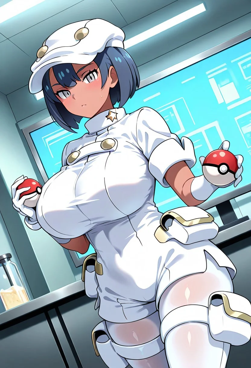 general,highres, ultra-detailed,very aesthetic,best quality ,best hands,best eyes,easynegative,
dynamic anglre, dutch angle, anime cloring,
1girl solo,looking at viewer,laboratory, indoors, standing, poke ball, holding poke ball,
Aether Foundation employee,grey eyes, huge_breasts, short_hair, blue hair,hat,white uniform,