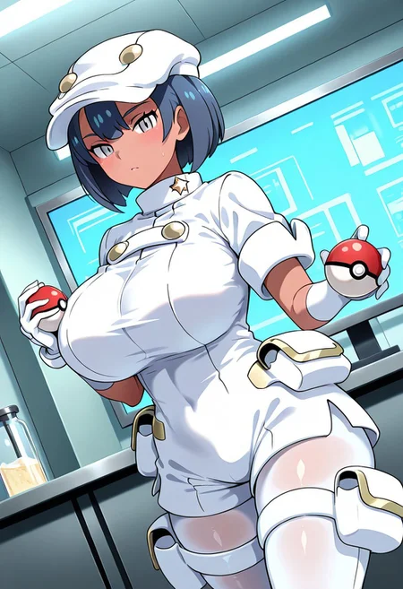 general,highres, ultra-detailed,very aesthetic,best quality ,best hands,best eyes,easynegative,
dynamic anglre, dutch angle, anime cloring,
1girl solo,looking at viewer,laboratory, indoors, standing, poke ball, holding poke ball,
Aether Foundation employee,grey eyes, huge_breasts, short_hair, blue hair,hat,white uniform,