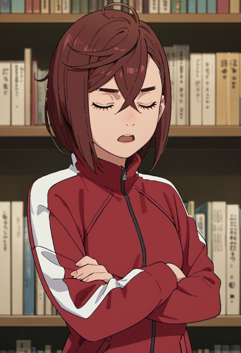 score_9, score_8_up, score_7_up, source_anime, ayase momo, auburn hair, short hair, 1girl, closed eyes, open mouth, solo, jacket, track jacket, towel, bookshelf, hair between eyes, crossed arms