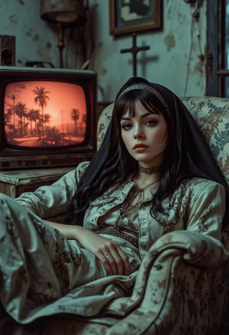 A grungy, laid-back nun lounging effortlessly in a worn, overstuffed armchair, her presence oozing rebellious charm. Next to her stands an old, boxy television with flickering static and faintly playing a music video, casting a nostalgic glow. The scene is bathed in monochrome tones with faded pastel red highlights, embodying a raw, gritty aesthetic.
Her messy black hair falls in crooked bangs over a face adorned with heavy neon yellow and black eyeshadow, a testament to her punk rock edge. She wears a distressed yet ornate grunge-inspired habit, a mix of torn fabrics, intricate lace, and punk embellishments like chains and spikes. A dieselpunk halo-like crown with jagged metal accents sits askew on her head.
The background features a decayed, punk dystopian living space, where the peeling wallpaper and scattered relics of a bygone era meet cyberpunk vibes. Her pose is relaxed yet defiant, her glowing eye sockets catching the dim light of the room. A ghostly aura faintly shimmers around her, amplifying her enigmatic allure. This grunge-pop masterpiece evokes the mood of an alternative album cover from the '90s, blending rebellion, nostalgia, and haunting beauty into a visually arresting key visual.