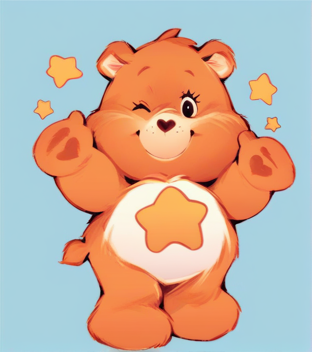 score_9, score_8_up, score_7_up, score_6_up, vintage style, bear, orange fur, full body, looking at viewer, one eye closed, smile, simple background, stars,  <lora:Pikaole_pXL:0.6>, pikaole,  <lora:CareBearPD:0.8>