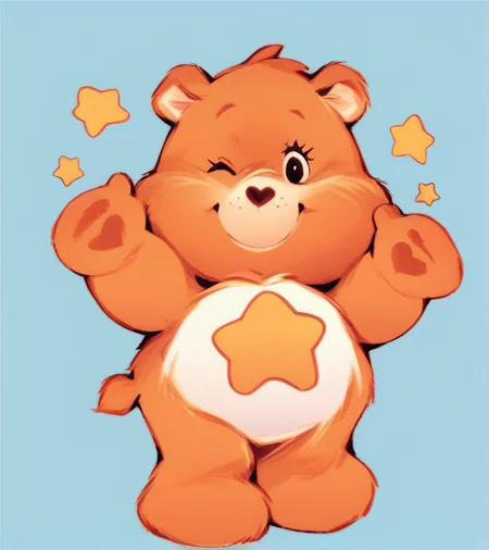 score_9, score_8_up, score_7_up, score_6_up, vintage style, bear, orange fur, full body, looking at viewer, one eye closed, smile, simple background, stars, <lora:Pikaole_pXL:0.6>, pikaole, <lora:CareBearPD:0.8>