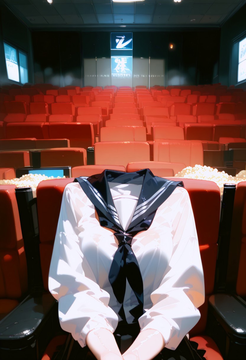 score_9, score_8_up, score_7_up,
source_anime,zPDXL2,
BREAK 
soro,StudentofMisery,white shirt,neckerchief,pleated skirt,sailor collar,headless, 
poker face,
glowing eyes,
parted lips,
wet,wet hair,
BREAK
sitting,
shiny skin, shiny, oily skin, 
movi3theater, red seats, dark room, popcorn