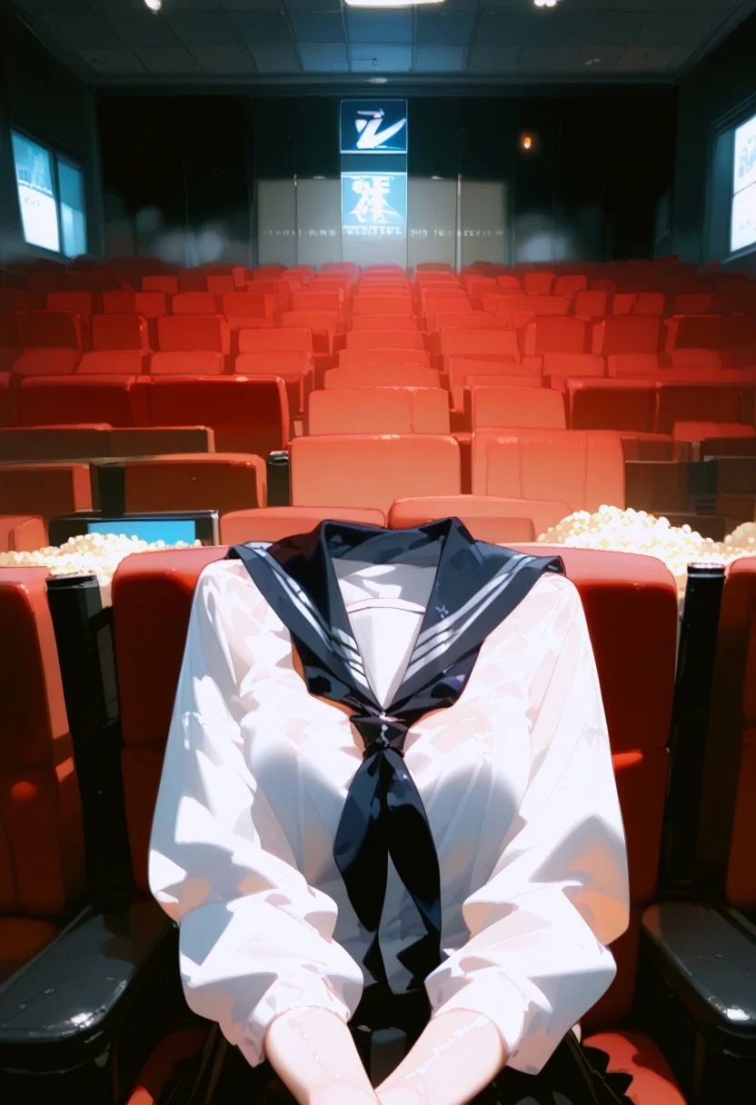 score_9, score_8_up, score_7_up,
source_anime,zPDXL2,
BREAK
soro,StudentofMisery,white shirt,neckerchief,pleated skirt,sailor collar,headless,
poker face,
glowing eyes,
parted lips,
wet,wet hair,
BREAK
sitting,
shiny skin, shiny, oily skin,
movi3theater, red seats, dark room, popcorn