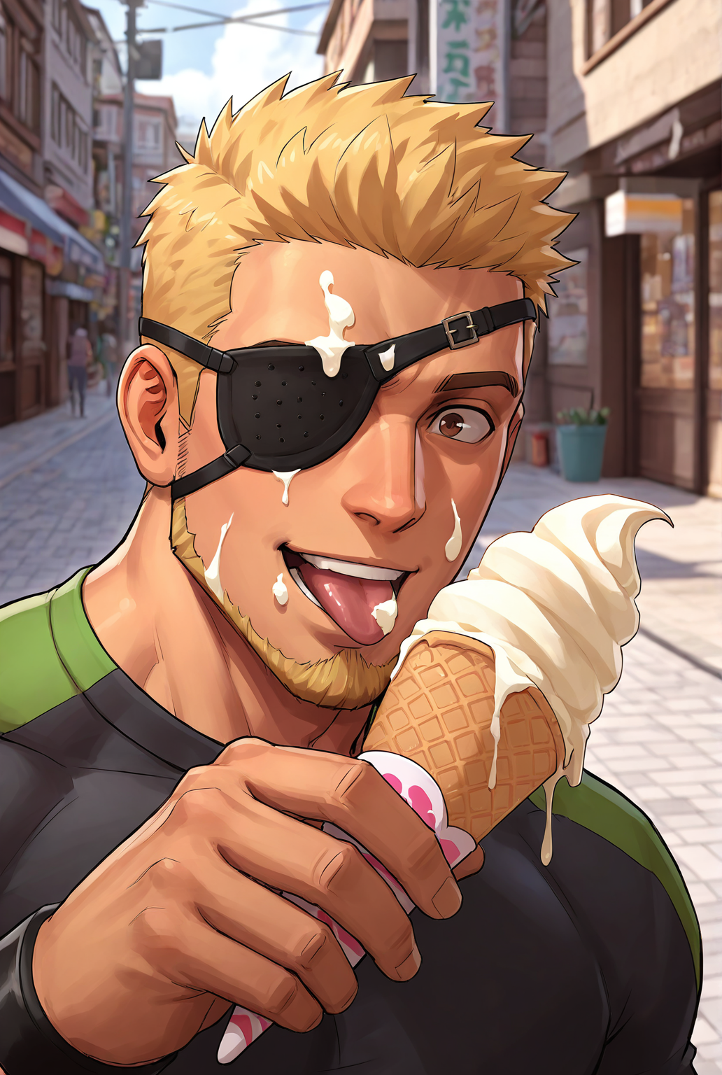 very awe,aesthetically pleasing,masterpiece,best quality,amazing quality,very aesthetic,ultra-detailed,high resolution,8k,1boy,solo,bara,male focus,detailed face,blonde hair,eyepatch,wristband,muscular,shirt,facial hair,beard,r4mon kof,street, face focus,tongue out,eating ice cream,holding ice cream, happy, cream on face,<lora:add-detail-xl:1>,<lora:ramon kof:0.7>,