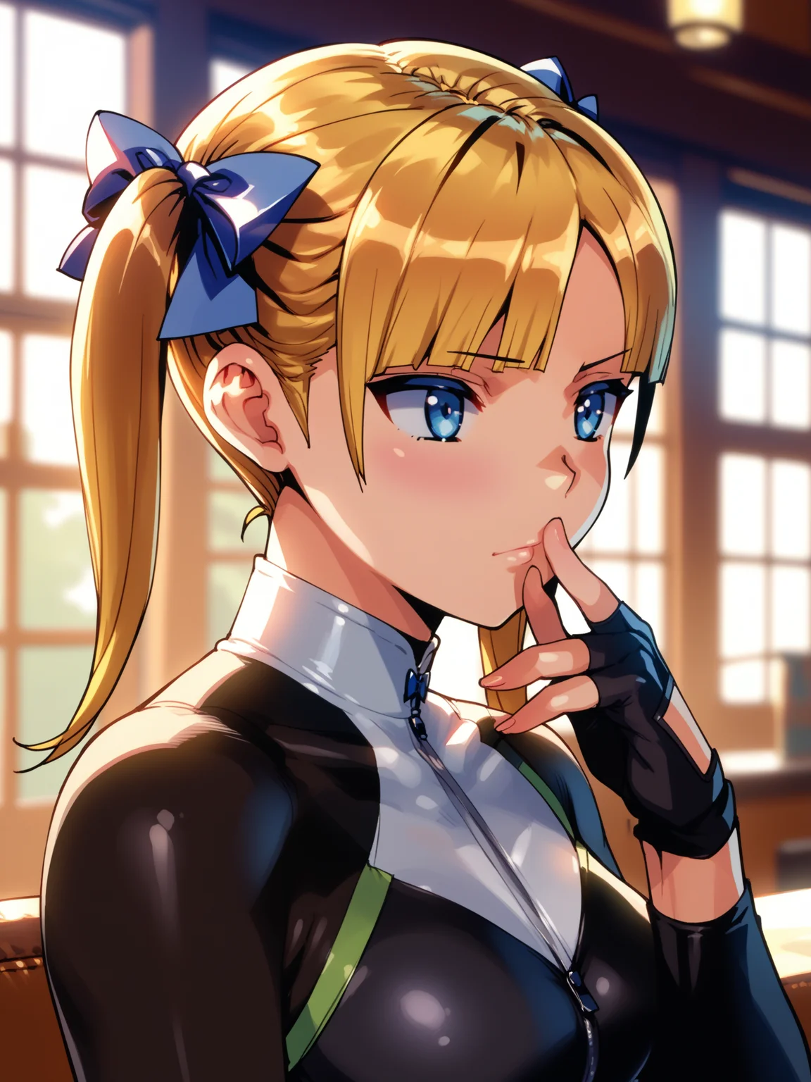 (upper body, solo focus:1.2) <lora:happy_tentacle-rina-v0.3-000034:0.9>, ht_rina, blonde hair, twintails, , hair bow, blue bow petite, ( :1.1) ( , , ( :1.2) , , (looking at another:1.2) :1.1) , indoors, ((dawn :0.6), :0.8), ( window :0.9), (furniture:0.9), , , , , (east asian architecture :0.9), (black bodysuit, skin tight, see-through:1.2), fingerless gloves, ( :0.8) score_9, score_8_up, score_7_up, score_6_up, score_5_up, score_4_up, ( [(realistic, photorealistic:1.3):(realistic:1.2):16] [(3d:1.2)::14] :1) <lora:LUUNA's Lunas-NijiJourney-SDXL-B2:0.35>, nijijourney <lora:prgfrg23's Counterfeit-V3.0 Style SDXL_LoRA_Pony Diffusion V6 XL:0.5> <lora:mfcg's mfcgXL:0.12> <lora:reweik's gyokai(himehajime)_PonyXL_style_v01:0.14>
