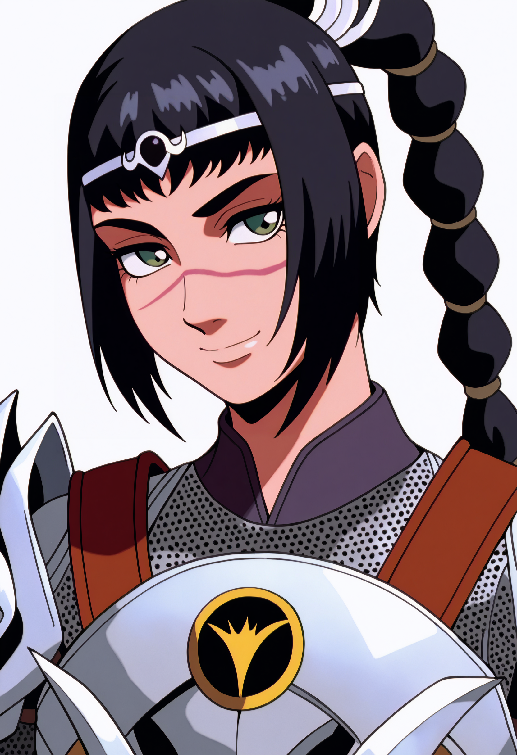 best quality, amazing quality, very aesthetic, absurdres,
BREAK
1girl, solo, shadowheart, black hair, braided ponytail, green eyes, scar on face, circlet, armor,
smile, looking at viewer, upper body, simple background, white background, <lora:ShadowHeartIllustrious_byKonan:0.8>,   <lora:GundamWingNoobLocon_byKonan:1>