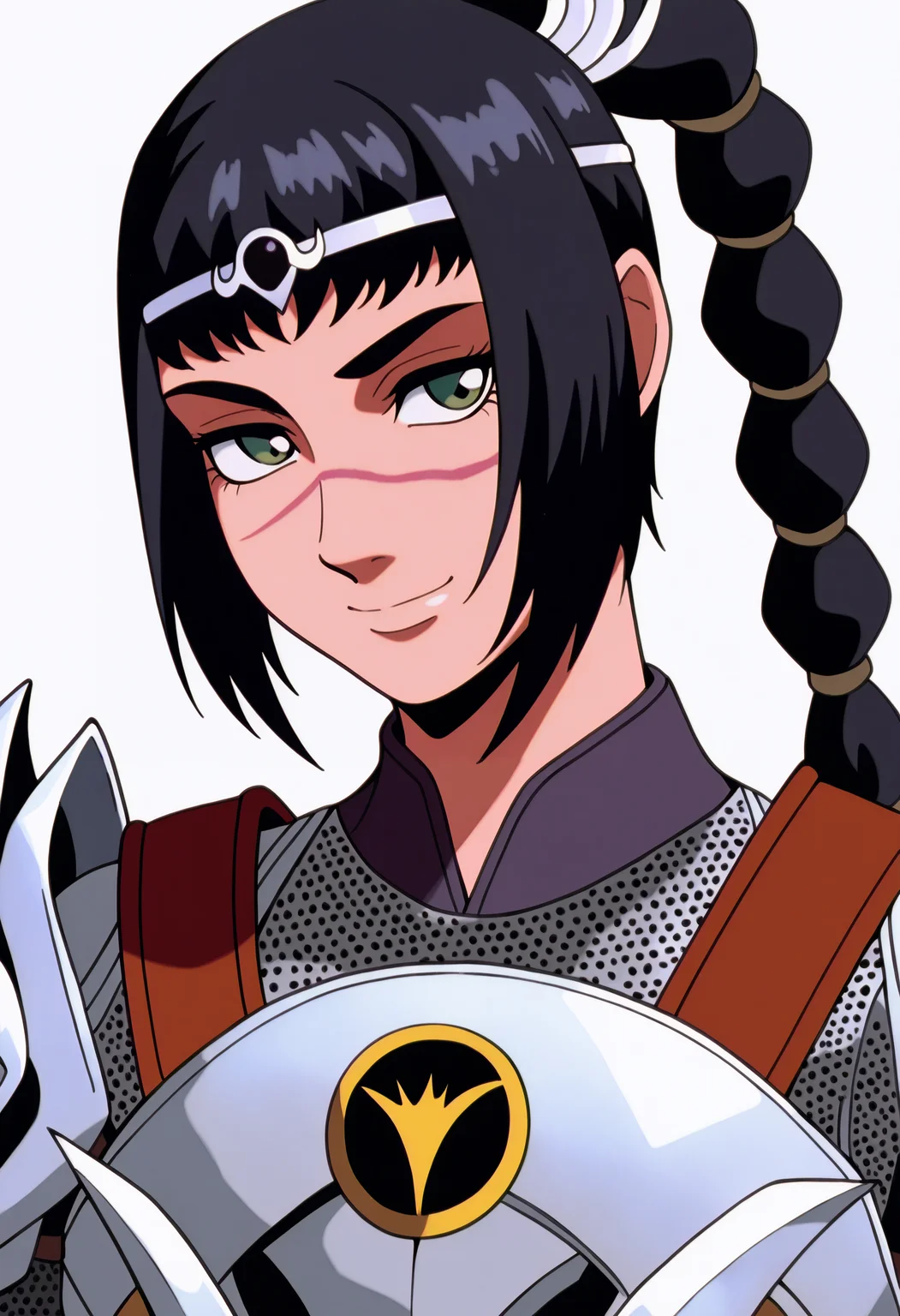 best quality, amazing quality, very aesthetic, absurdres,
BREAK
1girl, solo, shadowheart, black hair, braided ponytail, green eyes, scar on face, circlet, armor,
smile, looking at viewer, upper body, simple background, white background, <lora:ShadowHeartIllustrious_byKonan:0.8>, <lora:GundamWingNoobLocon_byKonan:1>