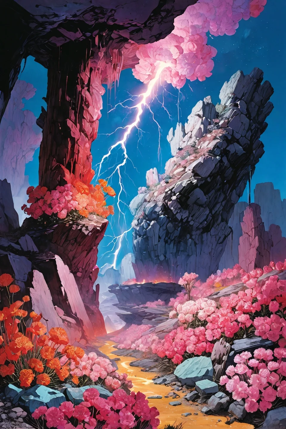 Landscape,Landscape creator,Doorto other world, A petrified forest with quartz core samples geodes erupting like fungi, meteor showers implanting crystalline seeds, Carpets of carnations with photosensitive nano-scales, permafrost birthing gem-encrusted lichen forests, thunderless lightning tattooing the ground with gold, Art painting by Andy Warhol and yoshitaka amano , featured on greg rutkowski,,
<lora:extremely_detailed:0.7> extremely detailed ,
<lora:add-detail-xl:0.7>,
<lora:softdigital2x2:0.15>,
<lora:EpicF4nta5yXL:0.3>,, Magic realism painting art style, surreal compositions, vibrant colors, blurs the line between reality and fantasy