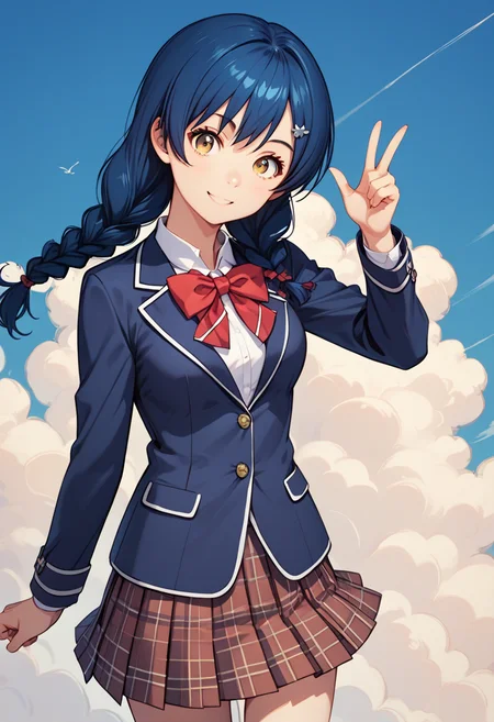 (tadokoro megumi),
score_9, score_8_up, score_7_up,masterpiece, best quality, ultra detailed,
A picture of a girl, solo, dynamic pose, dynamic angle, the girl is wearing a school uniform, dark blue jacket, red bow, dark blue pleated skirt, light smile,
A Japanese 1girl has blue hair which was bound into twin braids, yellow eyes and brown pupils, round face, (tender and slender:1.21) body with medium breasts, <lora:TadokoroMegumi_Pony_r1:1>